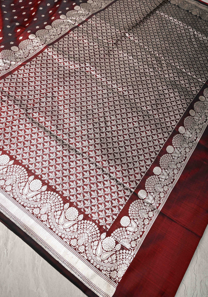 Maroon Mashru Silk Saree with Floral Zari Buttas and Silver Zari Border | SILK MARK CERTIFIED