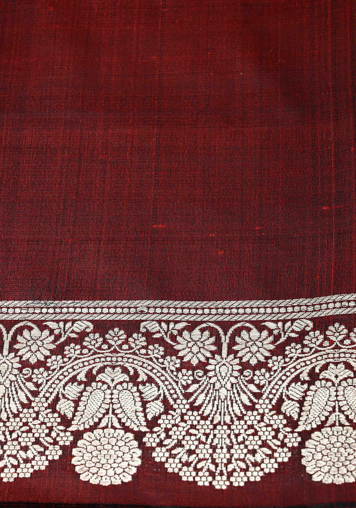 Maroon Mashru Silk Saree with Floral Zari Buttas and Silver Zari Border | SILK MARK CERTIFIED