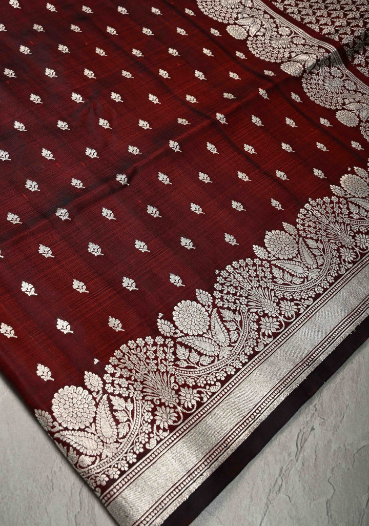 Maroon Mashru Silk Saree with Floral Zari Buttas and Silver Zari Border | SILK MARK CERTIFIED