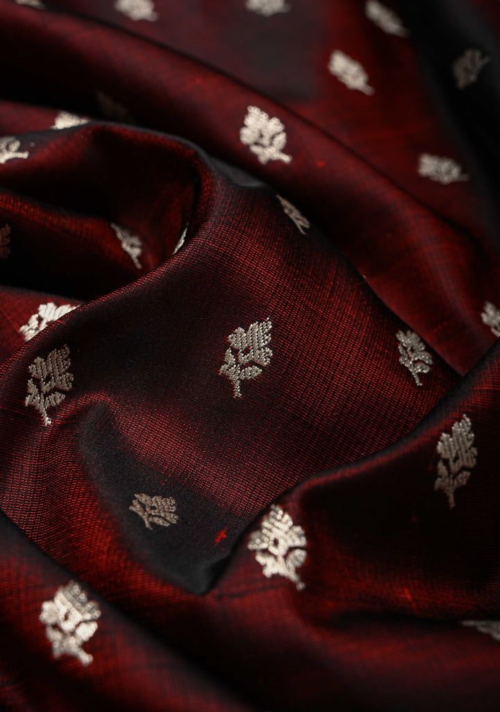 Maroon Mashru Silk Saree with Floral Zari Buttas and Silver Zari Border | SILK MARK CERTIFIED