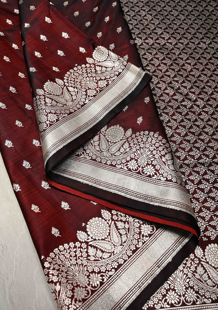 Maroon Mashru Silk Saree with Floral Zari Buttas and Silver Zari Border | SILK MARK CERTIFIED
