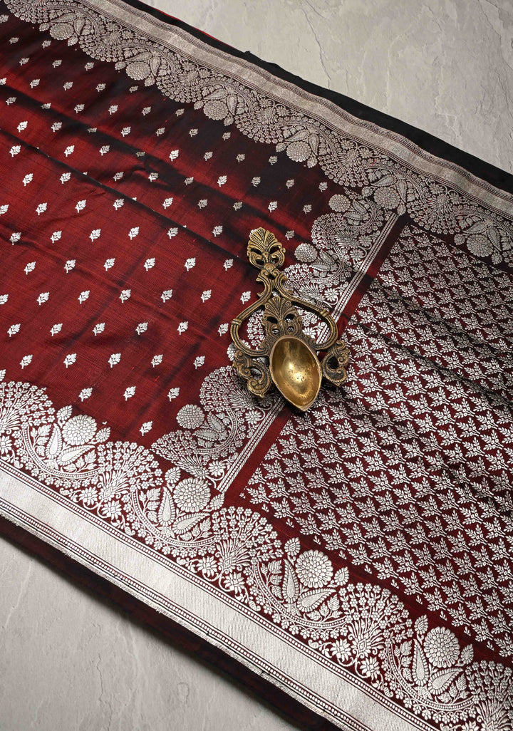 Maroon Mashru Silk Saree with Floral Zari Buttas and Silver Zari Border | SILK MARK CERTIFIED