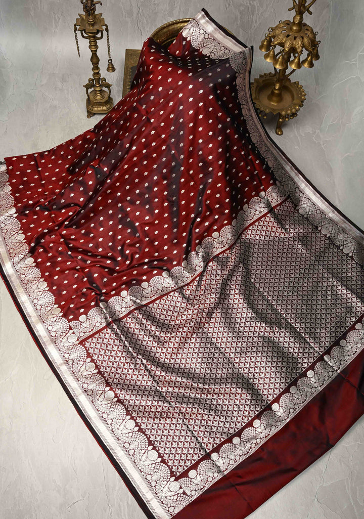 Maroon Mashru Silk Saree with Floral Zari Buttas and Silver Zari Border | SILK MARK CERTIFIED