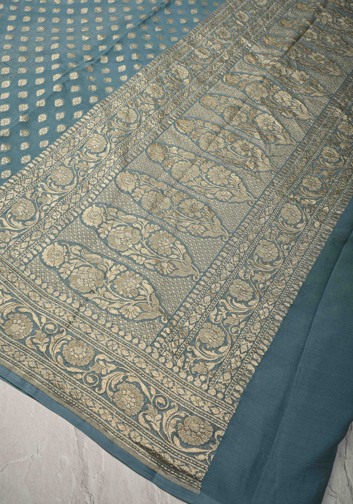 Bluish Grey Banarasi Georgette Silk Saree with Floral Butta and Zari Border | SILK MARK CERTIFIED