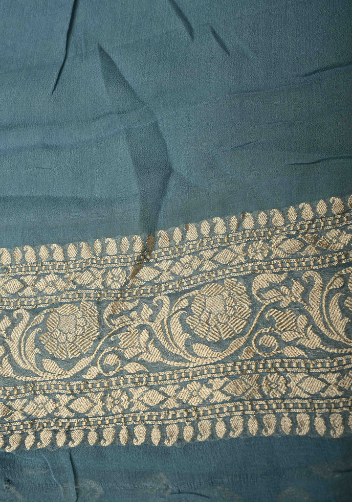 Bluish Grey Banarasi Georgette Silk Saree with Floral Butta and Zari Border | SILK MARK CERTIFIED