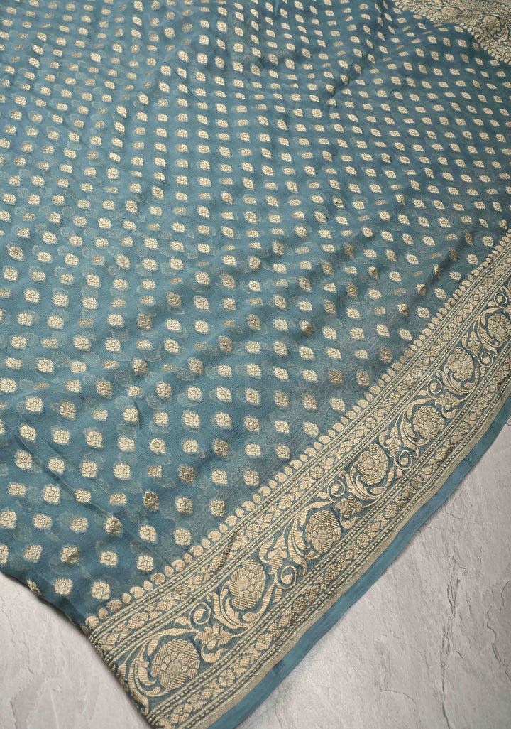 Bluish Grey Banarasi Georgette Silk Saree with Floral Butta and Zari Border | SILK MARK CERTIFIED