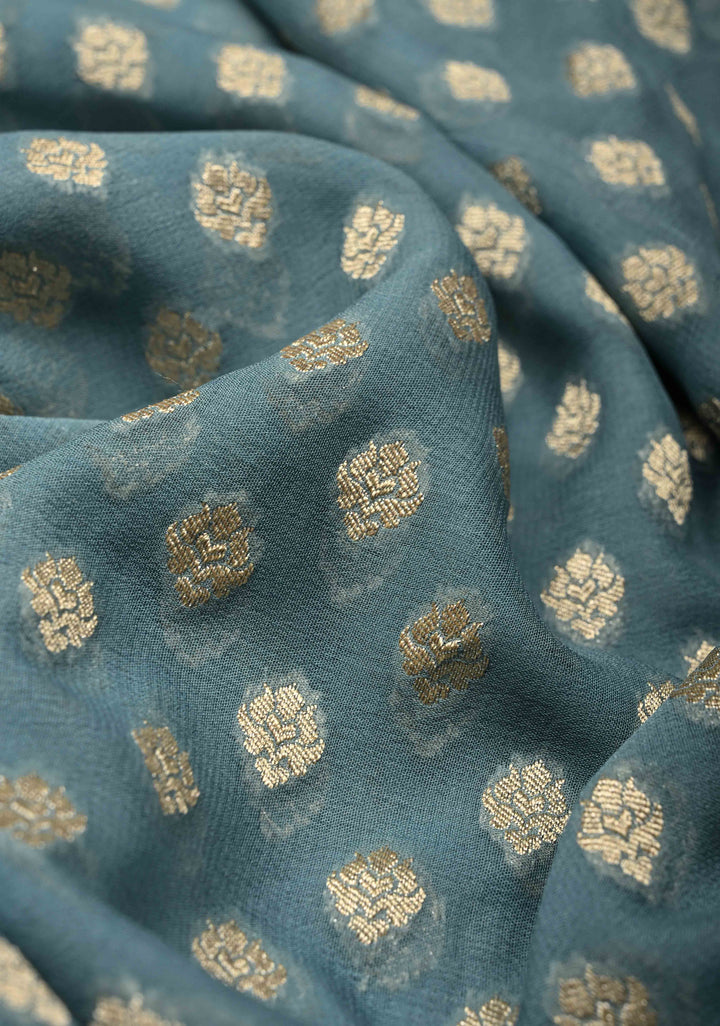 Bluish Grey Banarasi Georgette Silk Saree with Floral Butta and Zari Border | SILK MARK CERTIFIED