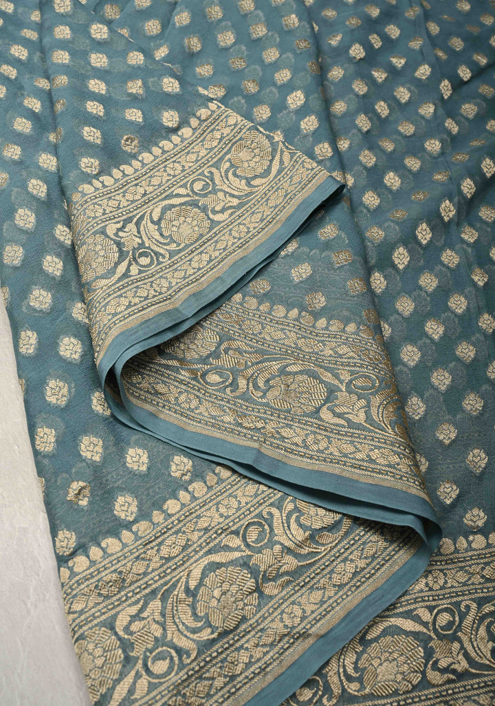 Bluish Grey Banarasi Georgette Silk Saree with Floral Butta and Zari Border | SILK MARK CERTIFIED