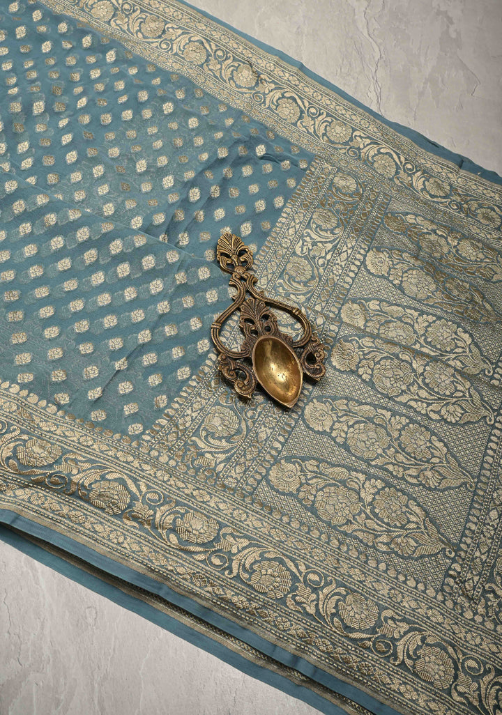 Bluish Grey Banarasi Georgette Silk Saree with Floral Butta and Zari Border | SILK MARK CERTIFIED