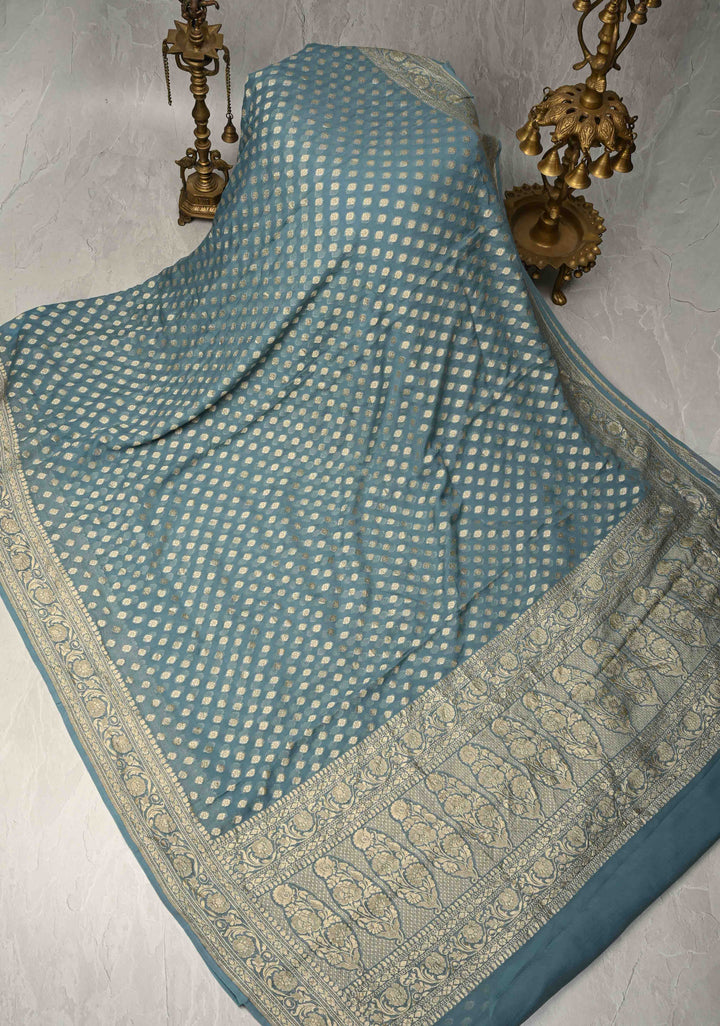 Bluish Grey Banarasi Georgette Silk Saree with Floral Butta and Zari Border | SILK MARK CERTIFIED