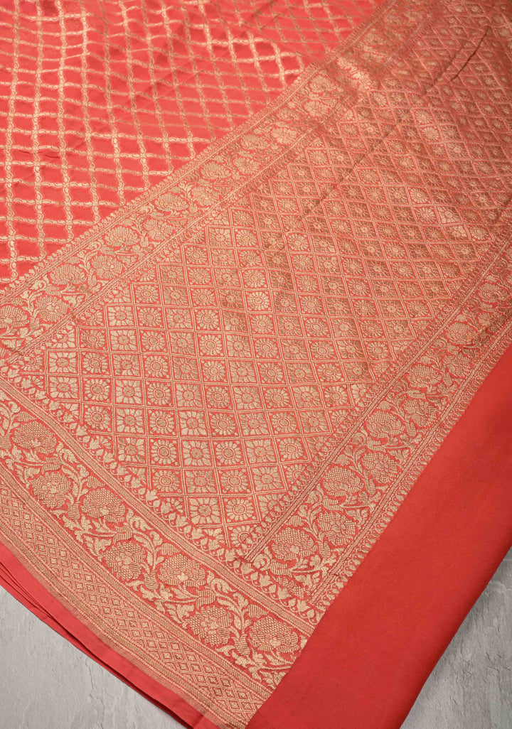 Orange Banarasi Georgette Silk Saree with Geomatric Jaal and Zari Border | SILK MARK CERTIFIED