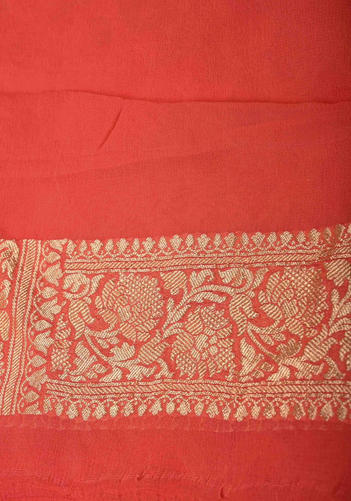 Orange Banarasi Georgette Silk Saree with Geomatric Jaal and Zari Border | SILK MARK CERTIFIED