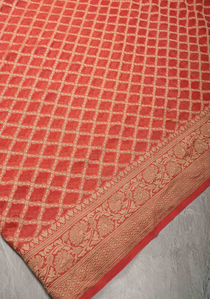 Orange Banarasi Georgette Silk Saree with Geomatric Jaal and Zari Border | SILK MARK CERTIFIED