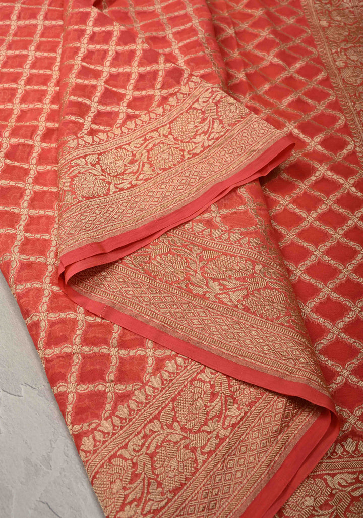 Orange Banarasi Georgette Silk Saree with Geomatric Jaal and Zari Border | SILK MARK CERTIFIED