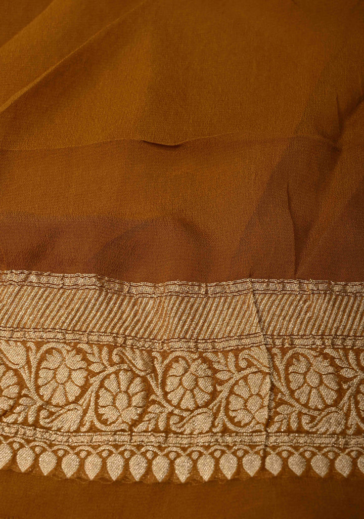 Beige Banarasi Georgette Silk Saree with Floral Brocade and Contrast Zari Border | SILK MARK CERTIFIED