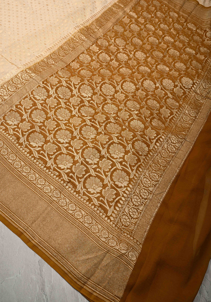 Beige Banarasi Georgette Silk Saree with Floral Brocade and Contrast Zari Border | SILK MARK CERTIFIED