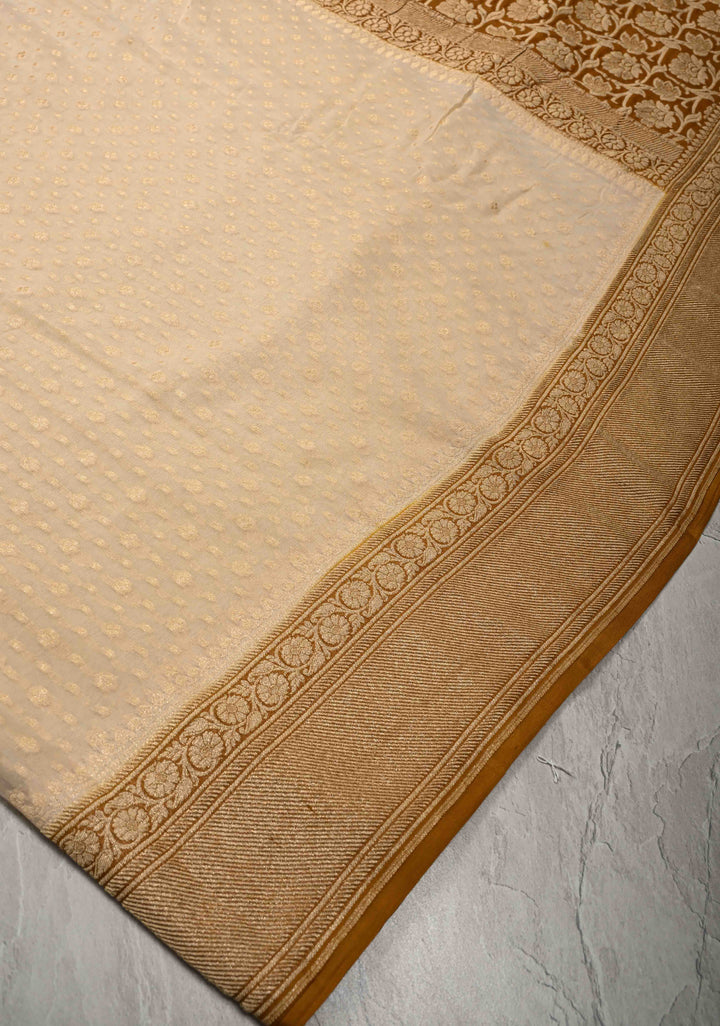 Beige Banarasi Georgette Silk Saree with Floral Brocade and Contrast Zari Border | SILK MARK CERTIFIED