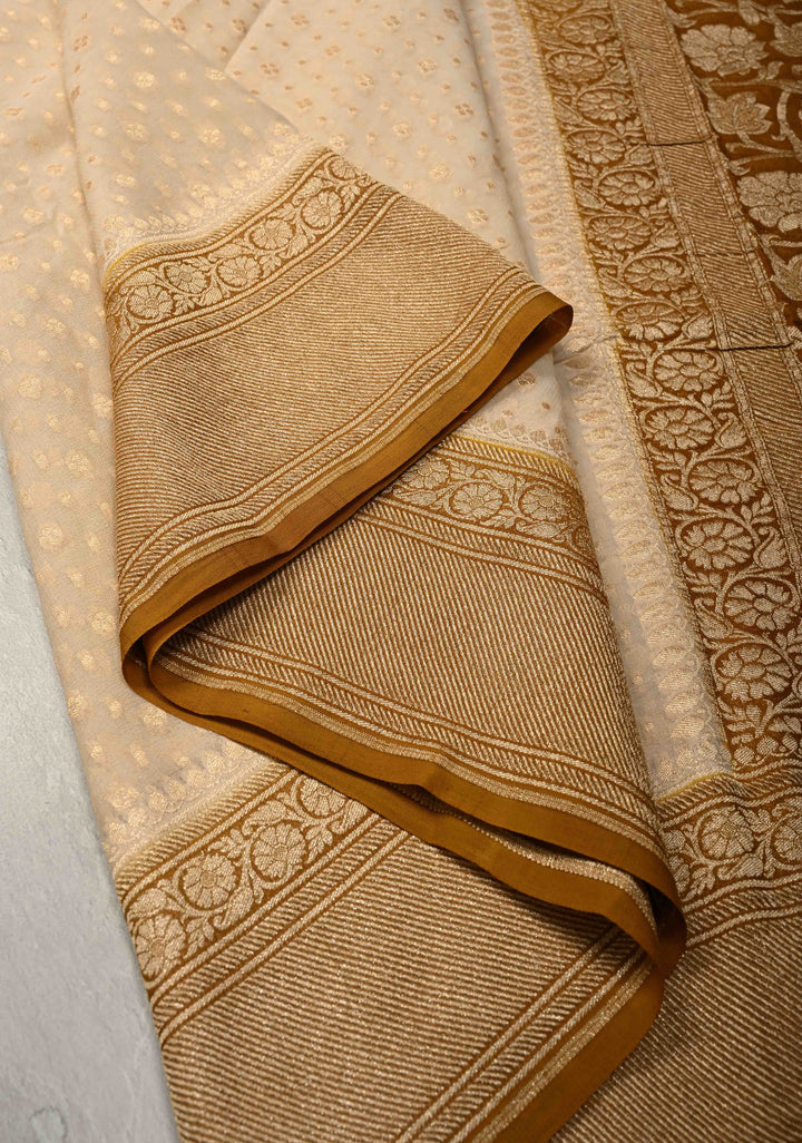 Beige Banarasi Georgette Silk Saree with Floral Brocade and Contrast Zari Border | SILK MARK CERTIFIED