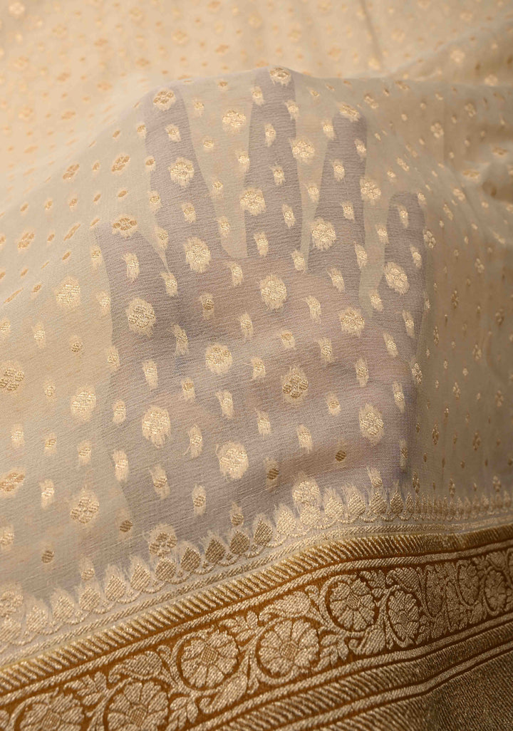 Beige Banarasi Georgette Silk Saree with Floral Brocade and Contrast Zari Border | SILK MARK CERTIFIED