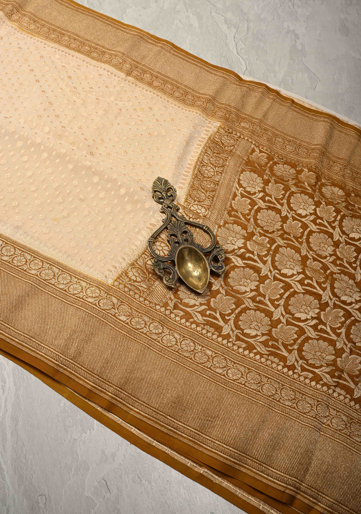 Beige Banarasi Georgette Silk Saree with Floral Brocade and Contrast Zari Border | SILK MARK CERTIFIED