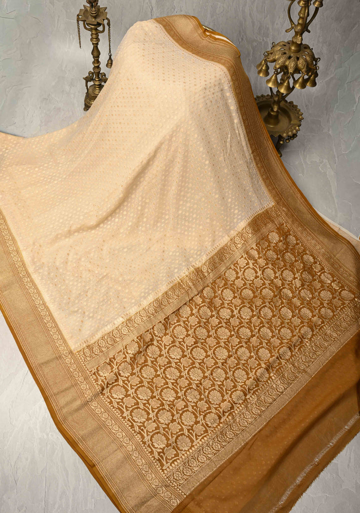 Beige Banarasi Georgette Silk Saree with Floral Brocade and Contrast Zari Border | SILK MARK CERTIFIED