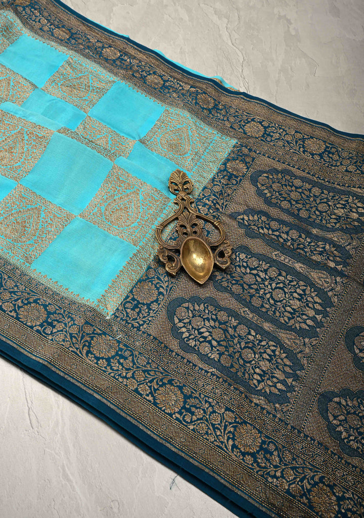 Ananda Blue Banarasi Georgette Silk Saree with Gharchola Pattern and Zari Border | SILK MARK CERTIFIED