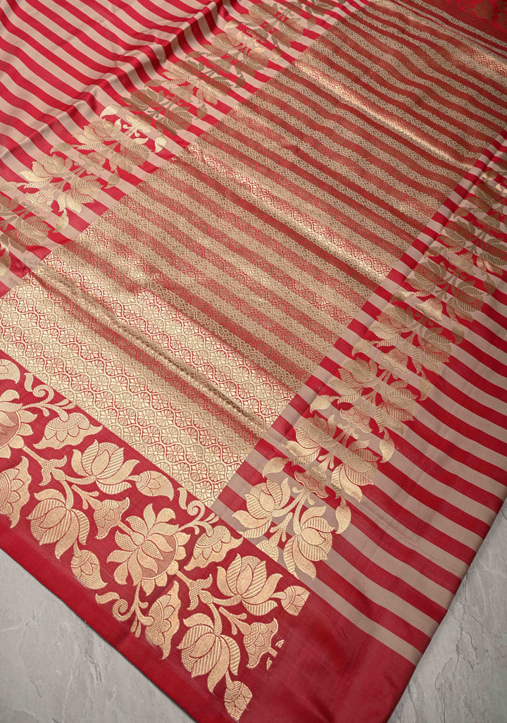 Sandstone-Brick Red Banarasi Mashru Silk Saree with Horizontal Stripes and Floral Zari Border | SILK MARK CERTIFIED