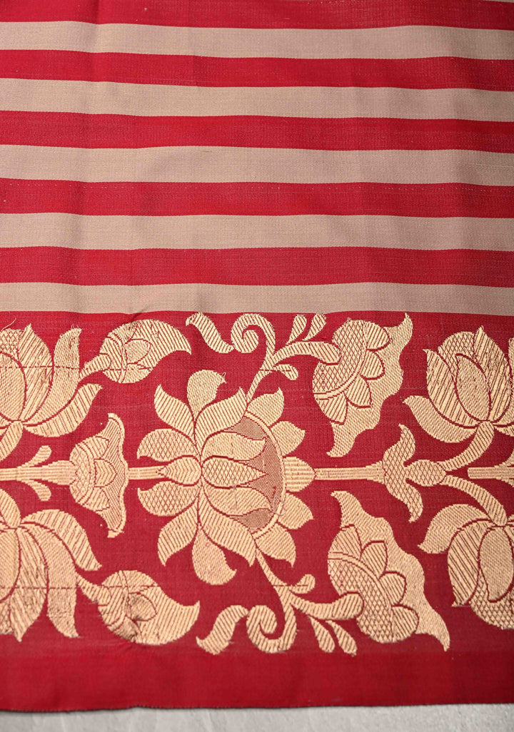 Sandstone-Brick Red Banarasi Mashru Silk Saree with Horizontal Stripes and Floral Zari Border | SILK MARK CERTIFIED