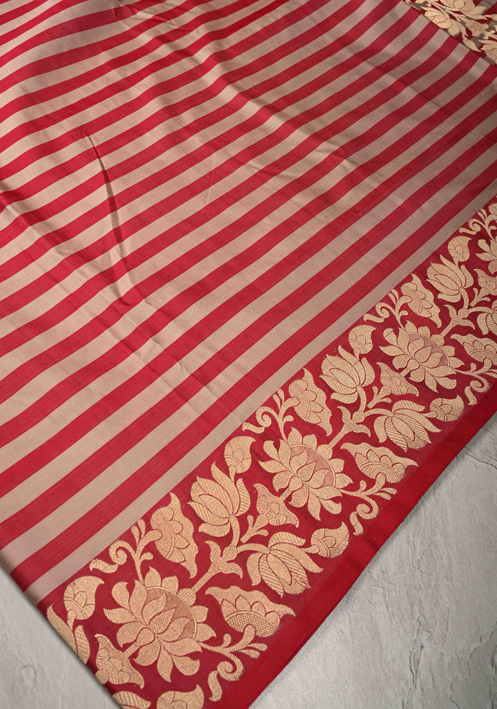 Sandstone-Brick Red Banarasi Mashru Silk Saree with Horizontal Stripes and Floral Zari Border | SILK MARK CERTIFIED