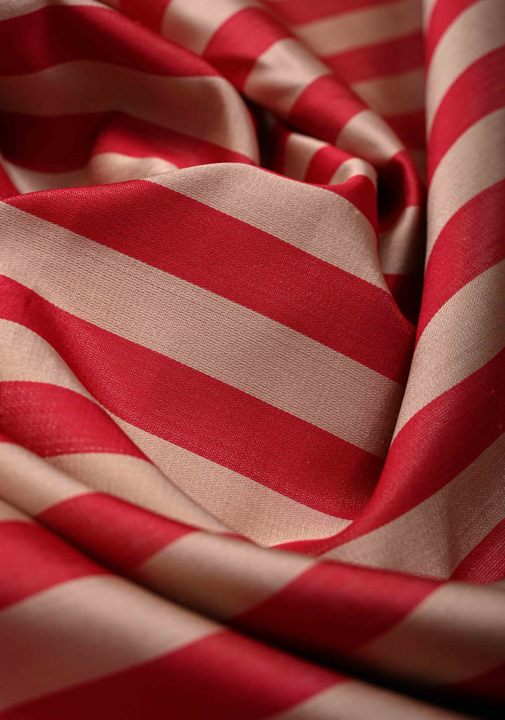 Sandstone-Brick Red Banarasi Mashru Silk Saree with Horizontal Stripes and Floral Zari Border | SILK MARK CERTIFIED