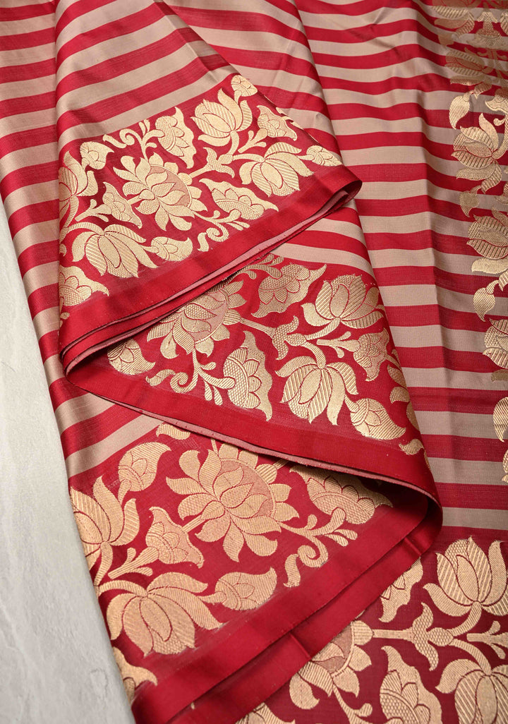 Sandstone-Brick Red Banarasi Mashru Silk Saree with Horizontal Stripes and Floral Zari Border | SILK MARK CERTIFIED