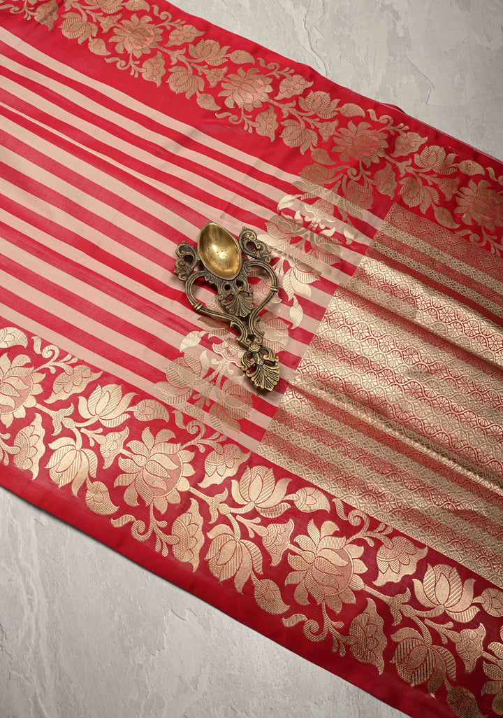 Sandstone-Brick Red Banarasi Mashru Silk Saree with Horizontal Stripes and Floral Zari Border | SILK MARK CERTIFIED