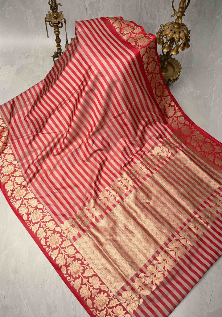 Sandstone-Brick Red Banarasi Mashru Silk Saree with Horizontal Stripes and Floral Zari Border | SILK MARK CERTIFIED