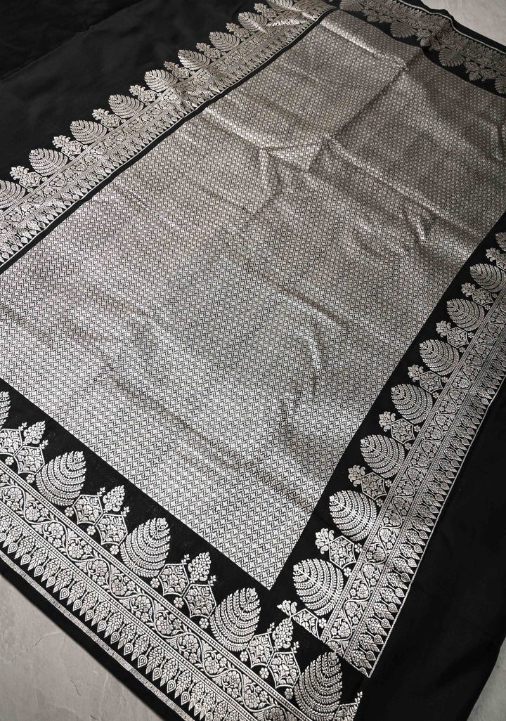 Black Mashru Silk Saree with Silver Zari Border and Pallu | SILK MARK CERTIFIED