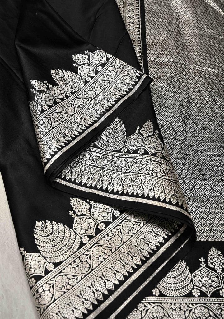 Black Mashru Silk Saree with Silver Zari Border and Pallu | SILK MARK CERTIFIED