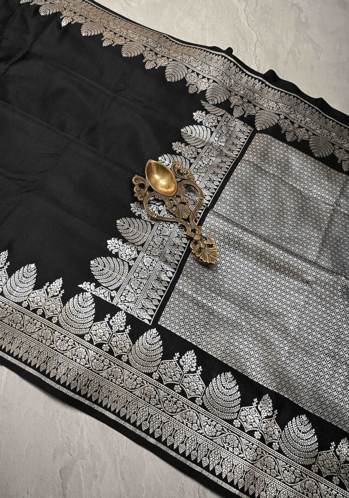 Black Mashru Silk Saree with Silver Zari Border and Pallu | SILK MARK CERTIFIED