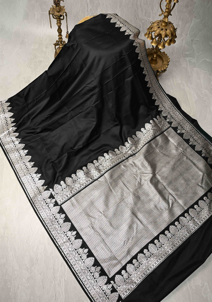Black Mashru Silk Saree with Silver Zari Border and Pallu | SILK MARK CERTIFIED