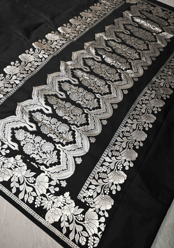 Black Mashru Silk Saree with Silver Zari Floral Border | SILK MARK CERTIFIED