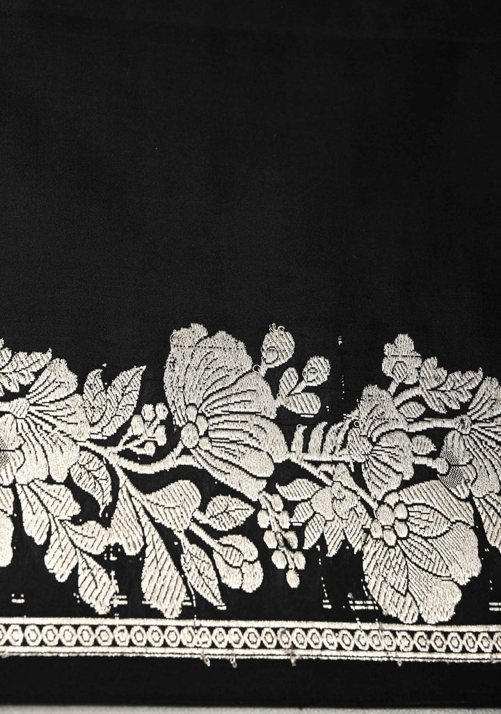 Black Mashru Silk Saree with Silver Zari Floral Border | SILK MARK CERTIFIED