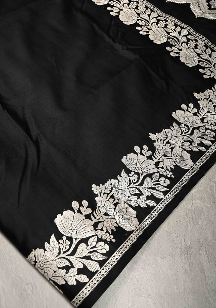 Black Mashru Silk Saree with Silver Zari Floral Border | SILK MARK CERTIFIED