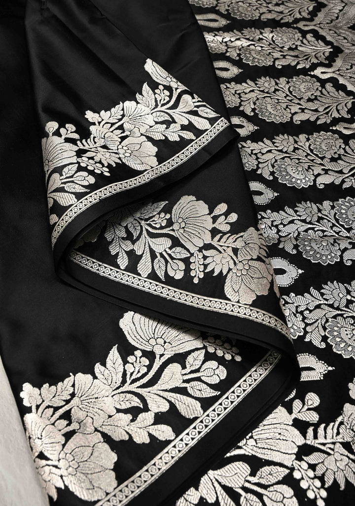 Black Mashru Silk Saree with Silver Zari Floral Border | SILK MARK CERTIFIED