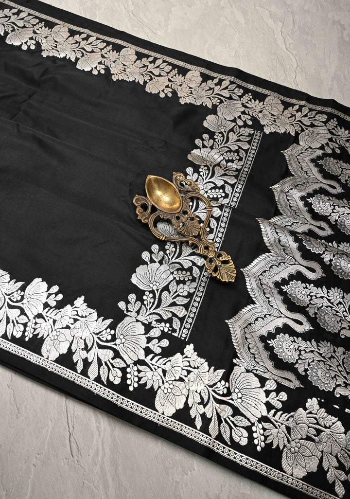 Black Mashru Silk Saree with Silver Zari Floral Border | SILK MARK CERTIFIED