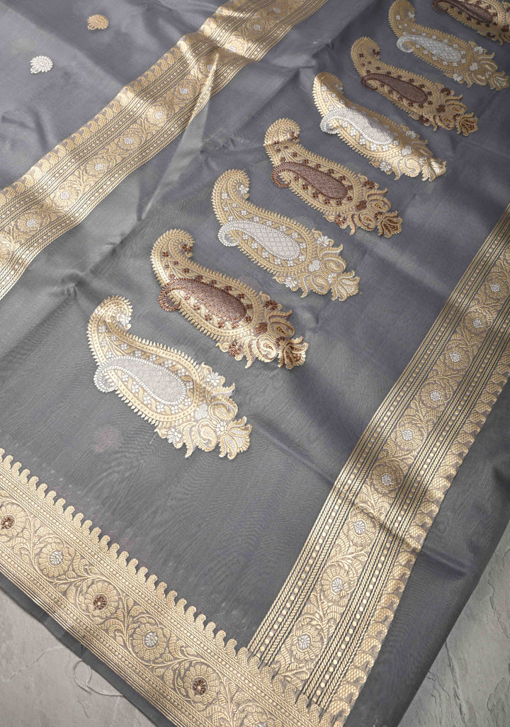 Gray Banarasi Kora Silk Saree with Floral Zari Buttas  and Meenakari Zari Border-Pallu | SILK MARK CERTIFIED