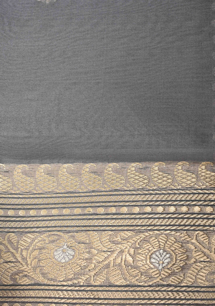 Gray Banarasi Kora Silk Saree with Floral Zari Buttas  and Meenakari Zari Border-Pallu | SILK MARK CERTIFIED
