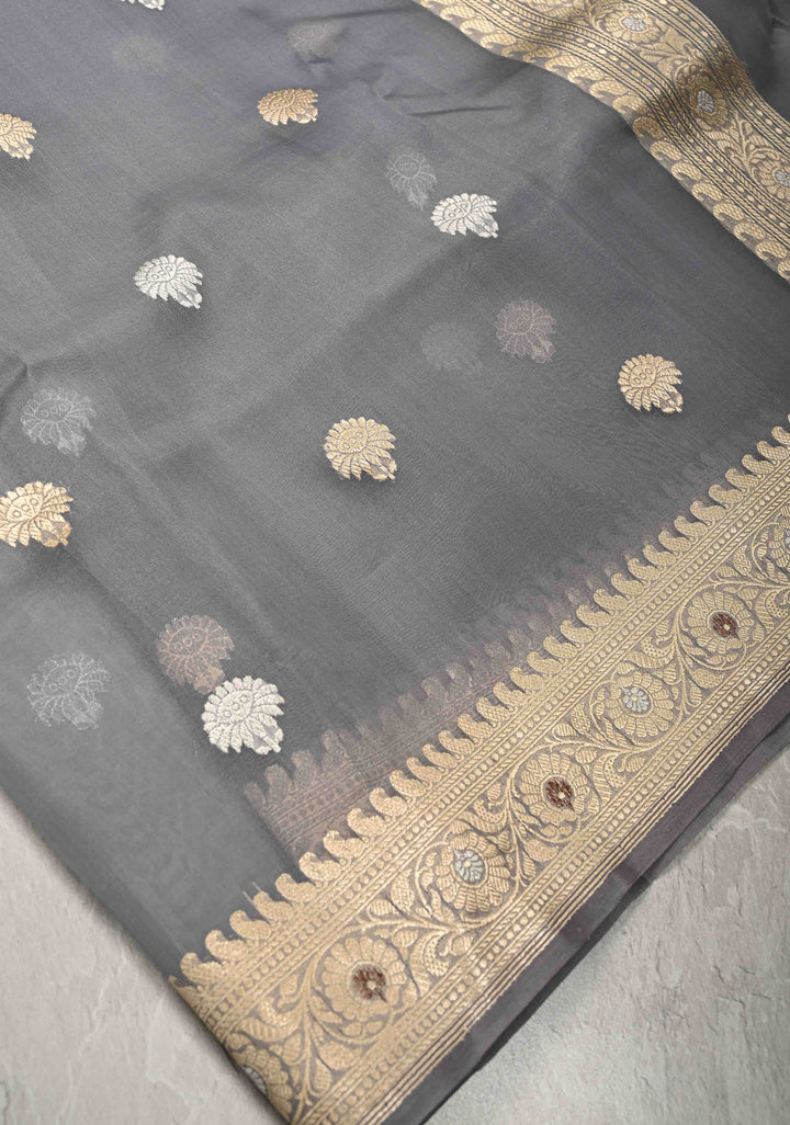 Gray Banarasi Kora Silk Saree with Floral Zari Buttas  and Meenakari Zari Border-Pallu | SILK MARK CERTIFIED