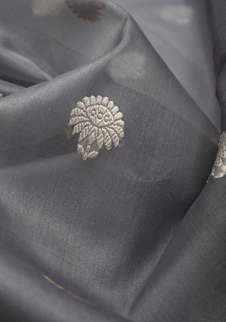 Gray Banarasi Kora Silk Saree with Floral Zari Buttas  and Meenakari Zari Border-Pallu | SILK MARK CERTIFIED
