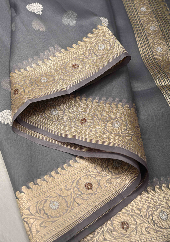 Gray Banarasi Kora Silk Saree with Floral Zari Buttas  and Meenakari Zari Border-Pallu | SILK MARK CERTIFIED