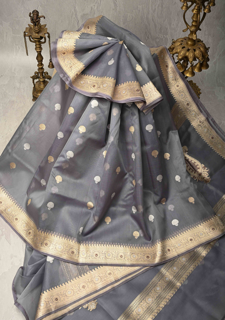 Gray Banarasi Kora Silk Saree with Floral Zari Buttas  and Meenakari Zari Border-Pallu | SILK MARK CERTIFIED