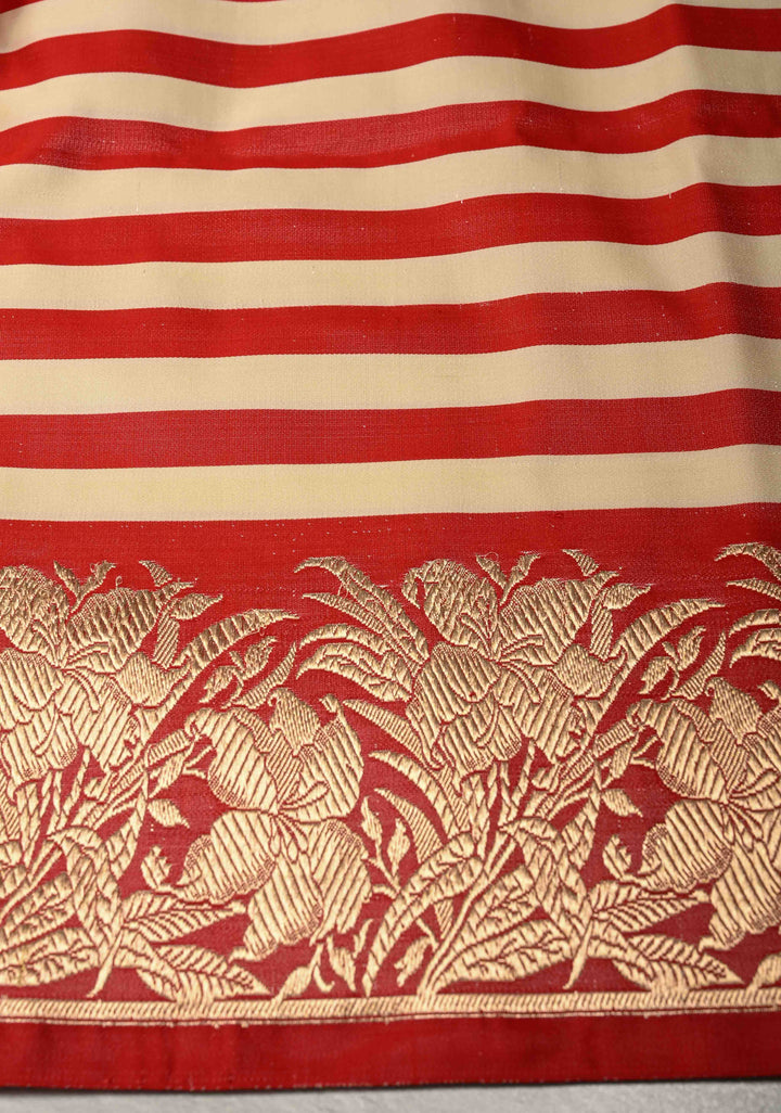 Red-Cream Banarasi Mashru Silk Saree with Horizontal Stripes and Floral Zari Border | SILK MARK CERTIFIED