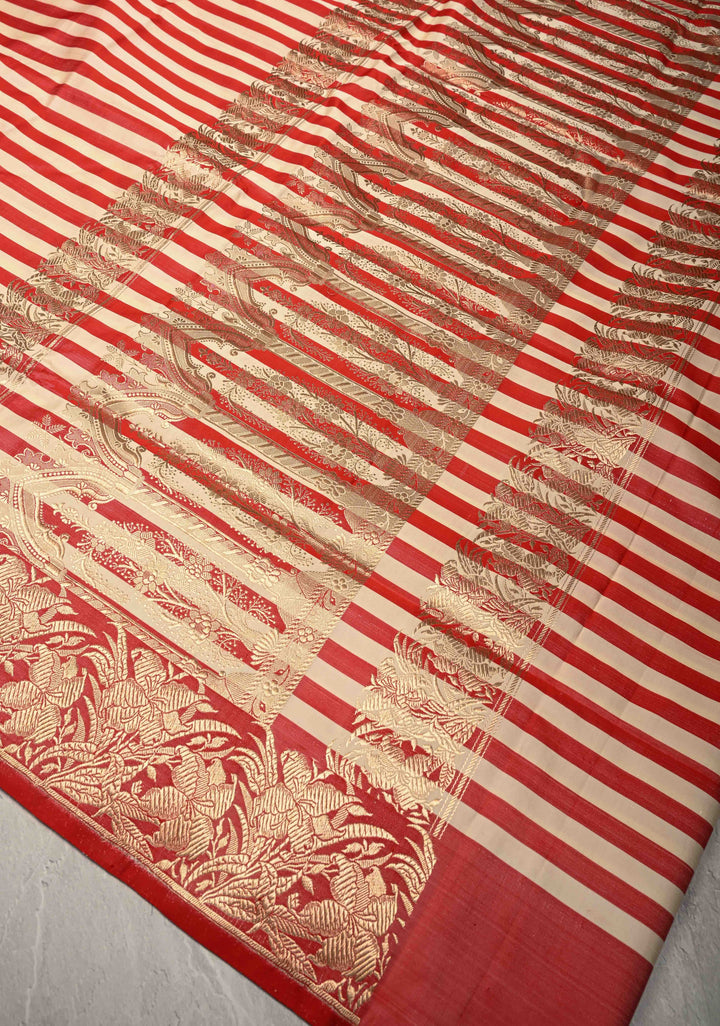 Red-Cream Banarasi Mashru Silk Saree with Horizontal Stripes and Floral Zari Border | SILK MARK CERTIFIED